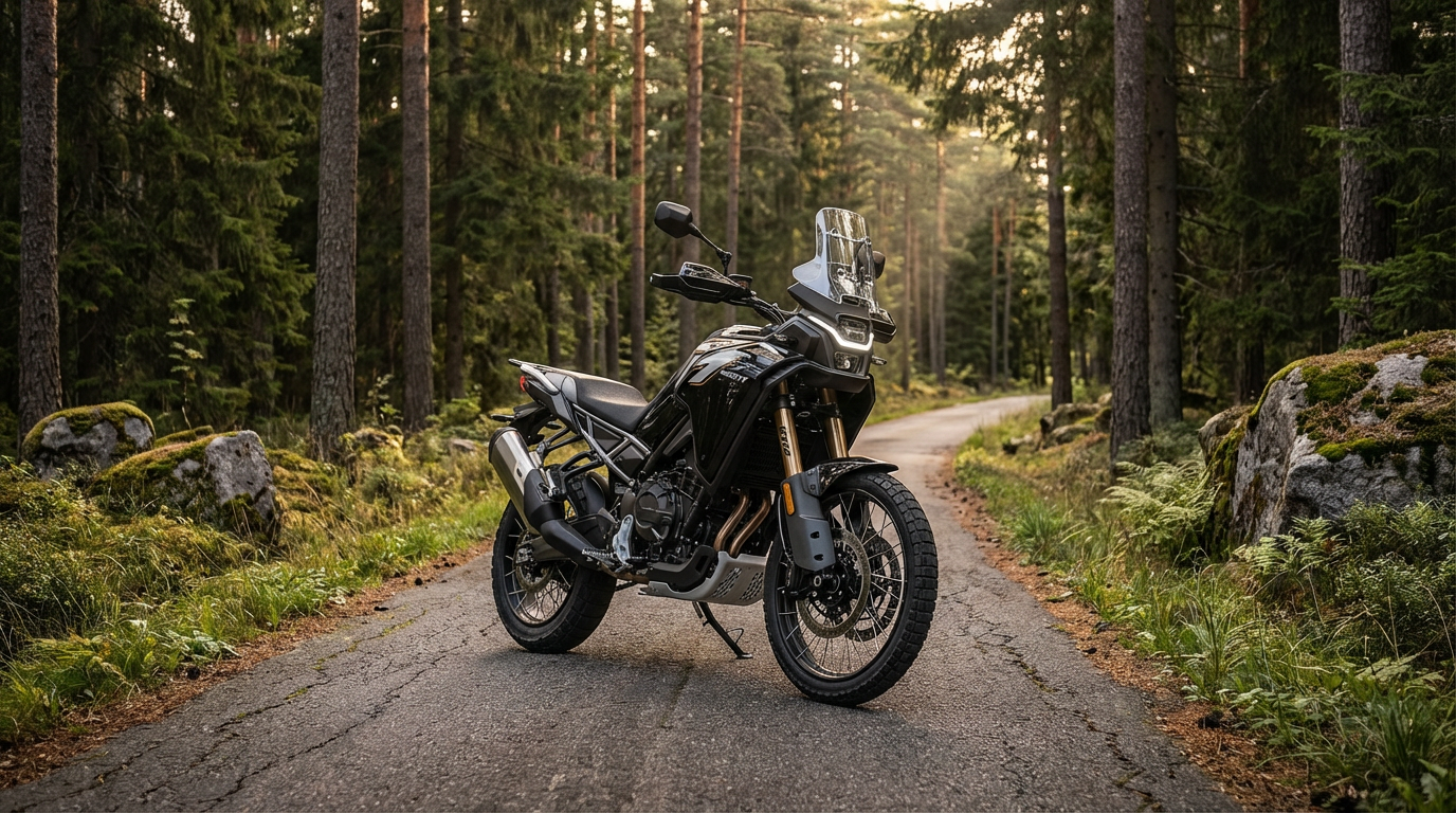 CFMoto 450MT on Scandinavian forest road